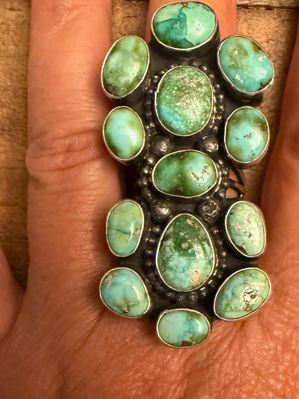 13 Stone Sonoran Turquoise Native Handmade Statement Ring - Green/Blue - Picture 3 of 8